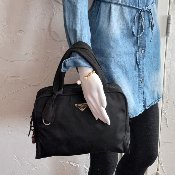 Prada Tessuto, Black Nylon Boston Satchel with Clochette and Combination Lock. - Picture 4 of 13